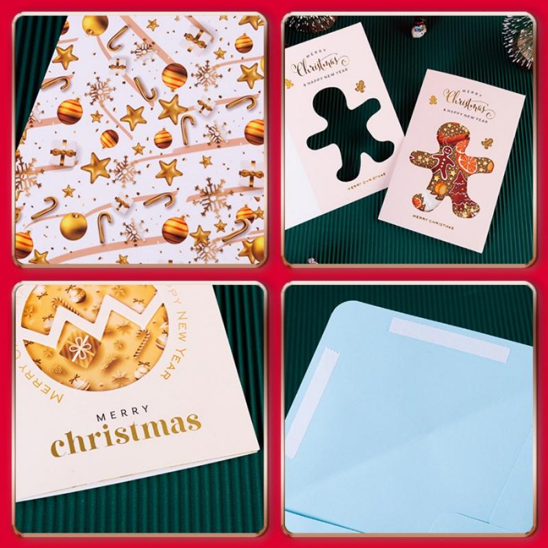 6pcsChristmas Gold Foil Greeting Card Christmas Gift Cartoon Bell Christmas Tree Reindeer Star Gingerbread Man Blessing Hollow S