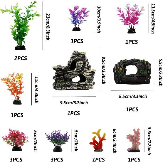 Fish Tank Decorations Plants with Resin Broken Barrel and Cave Rock View, 15pcs Aquarium Decorations Plants Plastic,Fish Tank Accessories, Fish Cave