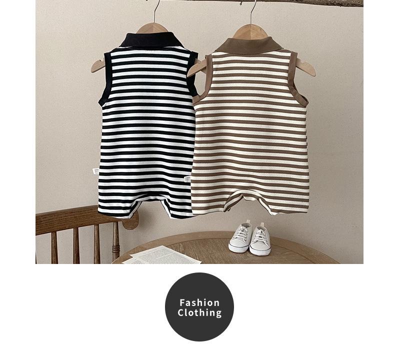 Unisex Infant Striped Sleeveless Romper with Lapel and Snap Crotch