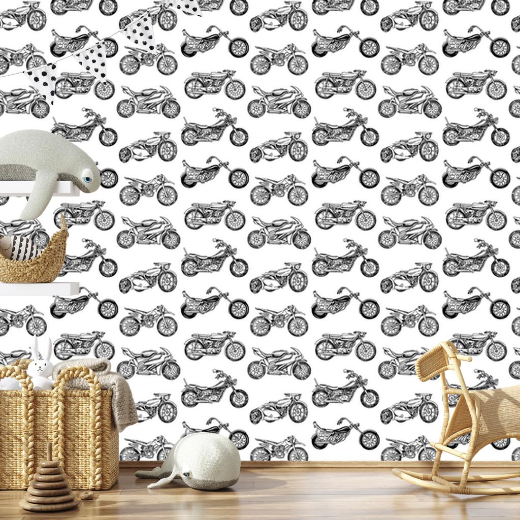 Wallpaper Black and White Drawn Motorcycles for Living Room and Bedroom 50x1000
