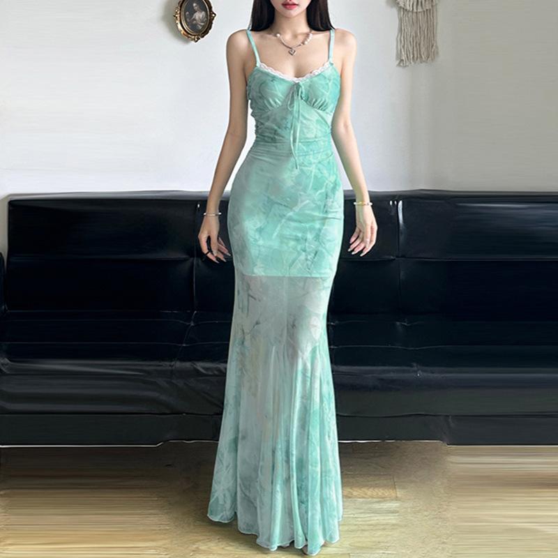 New Chinese Style Light Green One-shoulder Butterfly Printed Fishtail Suspender Skirt Sexy Hip Lifting Semi-transparent Mesh Long Skirt