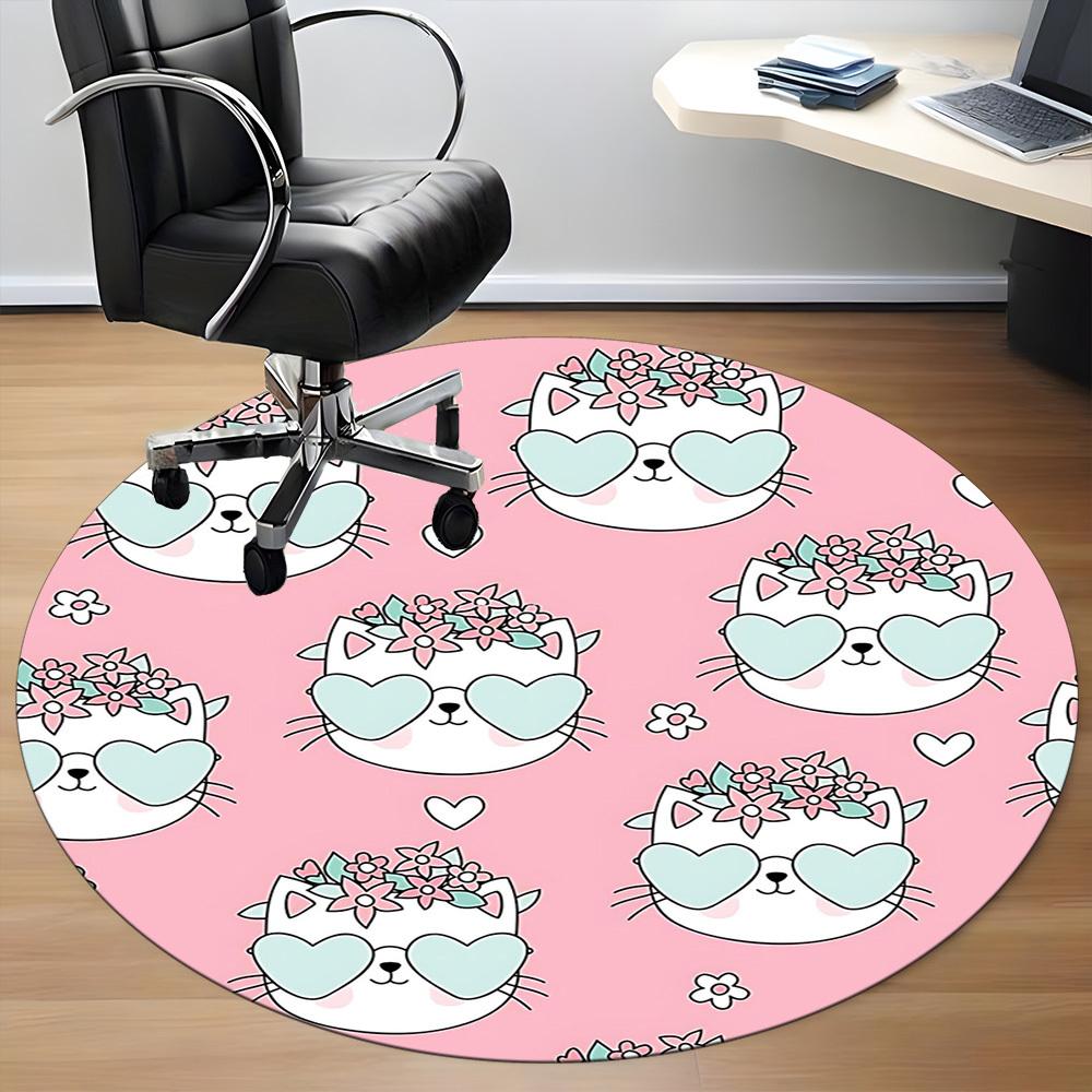 1PC Cat Floral Office Round Area Rug, Mat Suitable For Office, Under Office Chairs Bedroom Living Room Home Decor, Room Deco