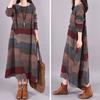 Women's Long Sleeve Cotton Linen Maxi Dress Vintage Bohemian Printed Patchwork Crew Neck Dress