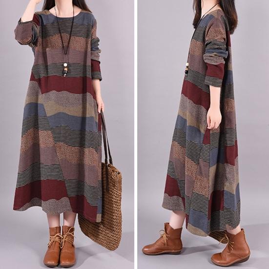 Women's Long Sleeve Cotton Linen Maxi Dress Vintage Bohemian Printed Patchwork Crew Neck Dress Fall Loose Outfit