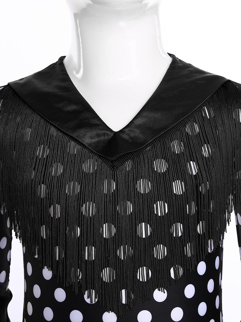 Girls Spanish Flamenco Dress Polka Dot Print Tiered Ruffles V Neck Dancewear