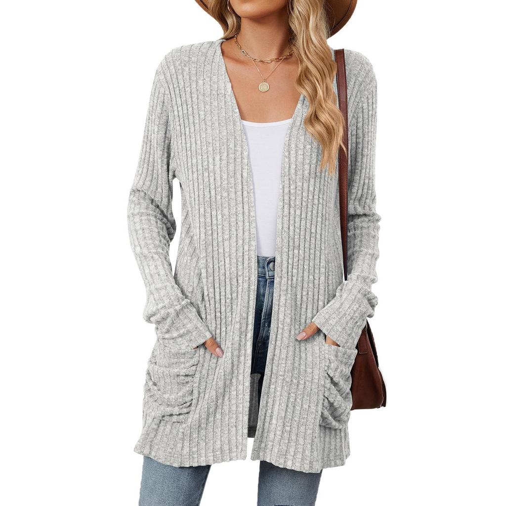 Autumn and Winter New Ladies Knitted Pockets Long-sleeved Casual Cardigan Jacket Long Cardigan Women Tops Kawaii Sweater