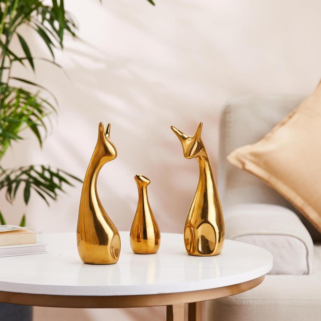 Home Decor Deer Menage Metallic Finish Ceramic Figures - (Set of 3, Golden Set)