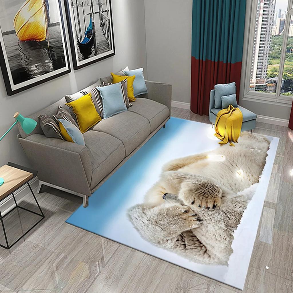 Vivid 3D Polar Bear Frosty Arctic Rug Cozy Modern Living Room Carpet Skin Friendly Easy Care Stylish Home Decor