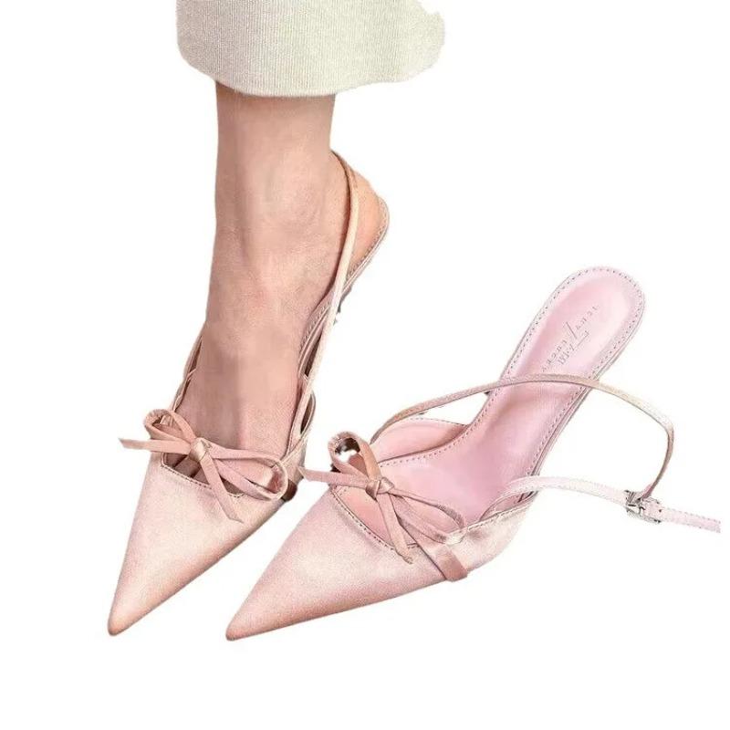2025 Design Summer New Sexy Pointed Bow Sandals Women Heeled High Heels Wedding Party Women's  Pink Heels