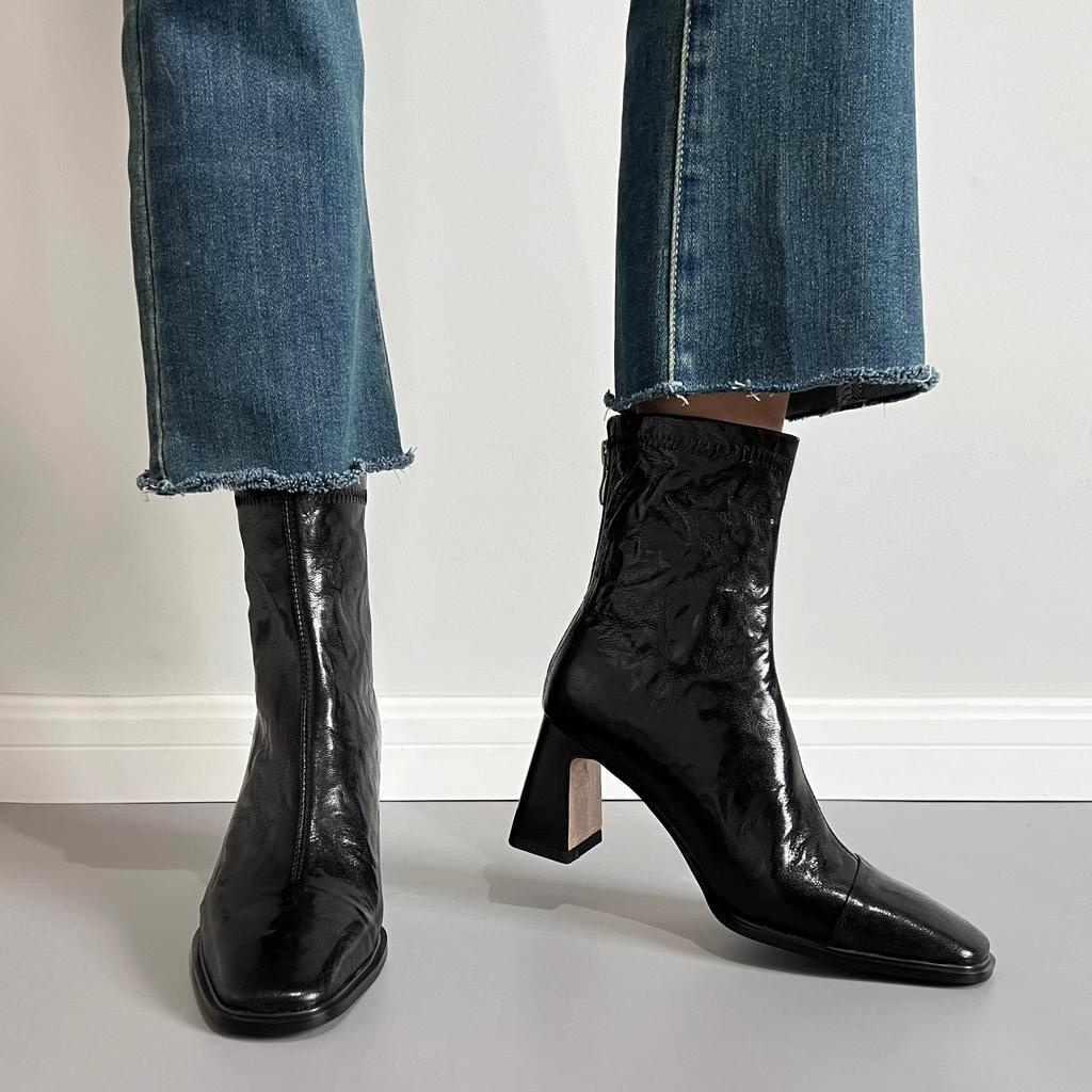 Sheepskin Version~ Square Head French Temperament Thick Heel Short Boots Women's Rear Zipper Commuting Thin Boots Retro Martin Boots Single Boots
