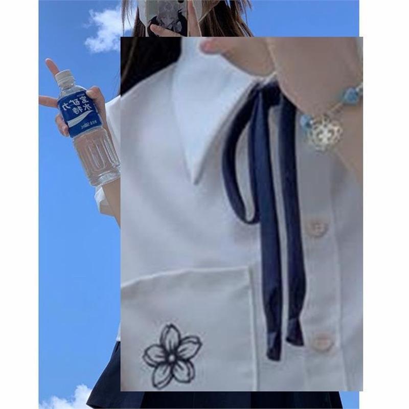 

Белый и синий комплект летней формы JK с вышивкой в академическом стиле, с коротким рукавом XS