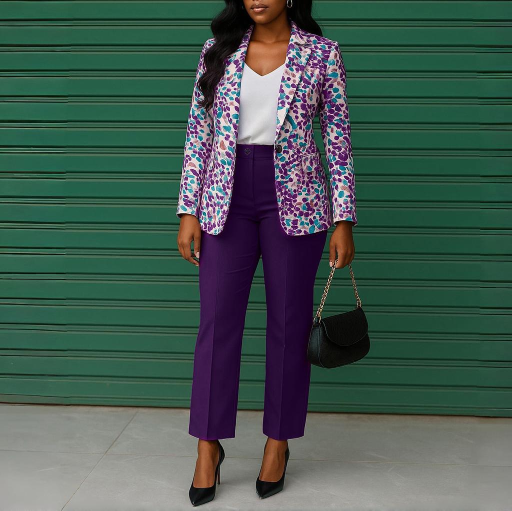Womens Leopard Print Blazer and Straight Leg Pants Suit Set