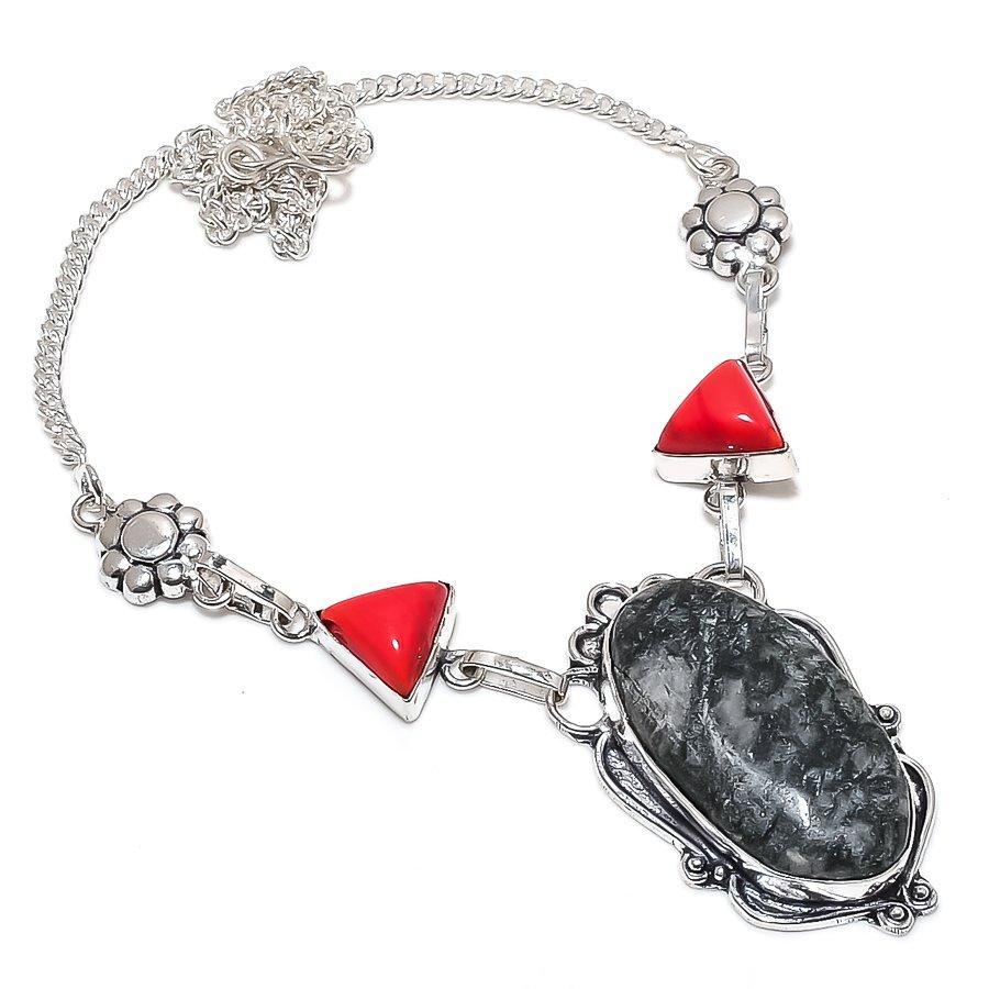 Natural Zebra Jasper, Coral 925 Sterling Silver Jewelry Necklace 18" v2D87