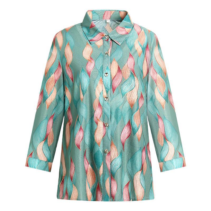 Damen Seiden-Strickjacke mit Sieben-Ärmeln und Print - Stilvolles Hemd mit Kragen und Knöpfen für Frühling/Sommer, Ideal für mittleres und älteres Alter