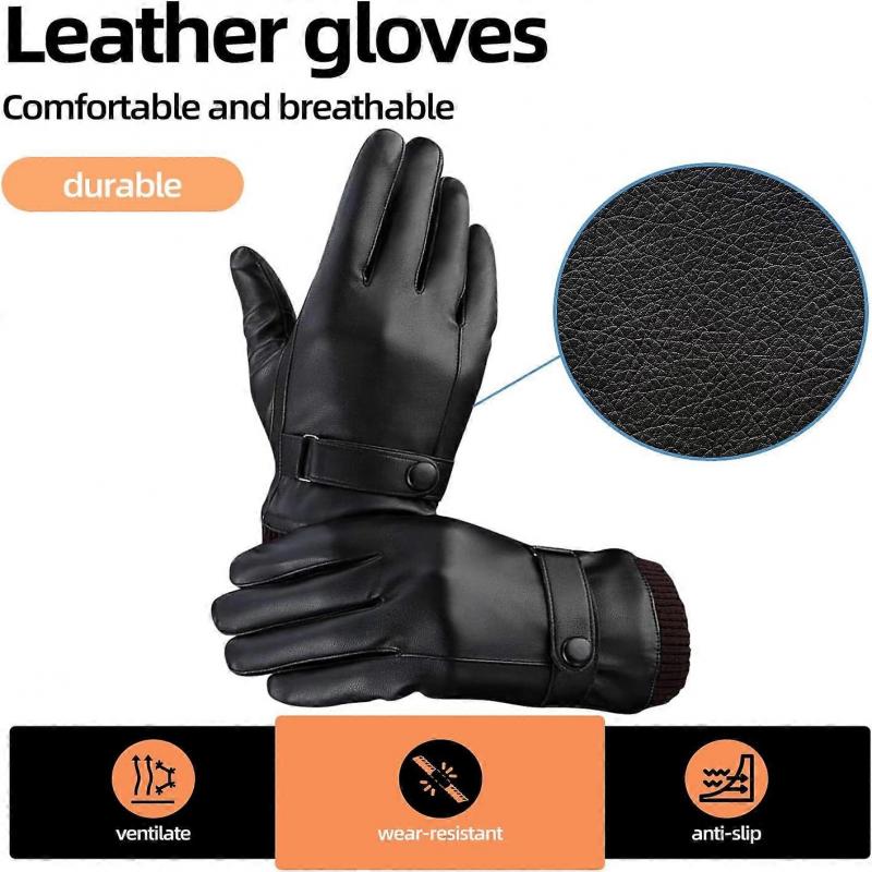 Leather Gloves Touch Screen Compatible Adjustable Fit Black Leather Soft Cashmere Lining Winter Warmth Christmas Gift