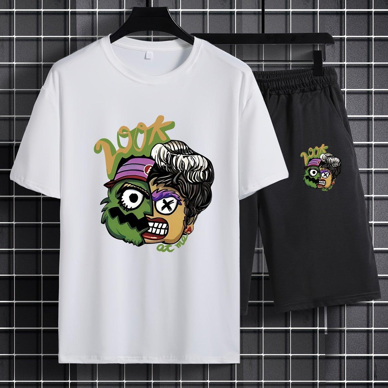 

Принт с монстрами, мужские комплекты из 2 предметов, удобная футболка с коротким рукавом и повседневные шорты на шнурке на лето, мужская одежда