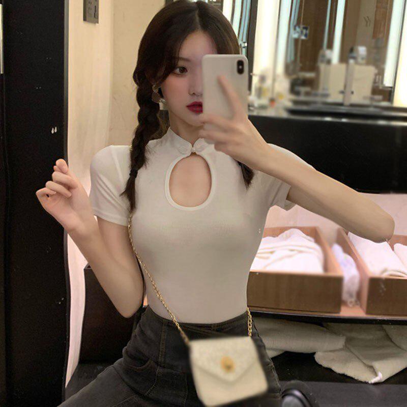 

Celebrity Chic Temperament Personality Cheongsam Short Slim T-shirt Short Slim Sleeve Top Women Summer Top One Size