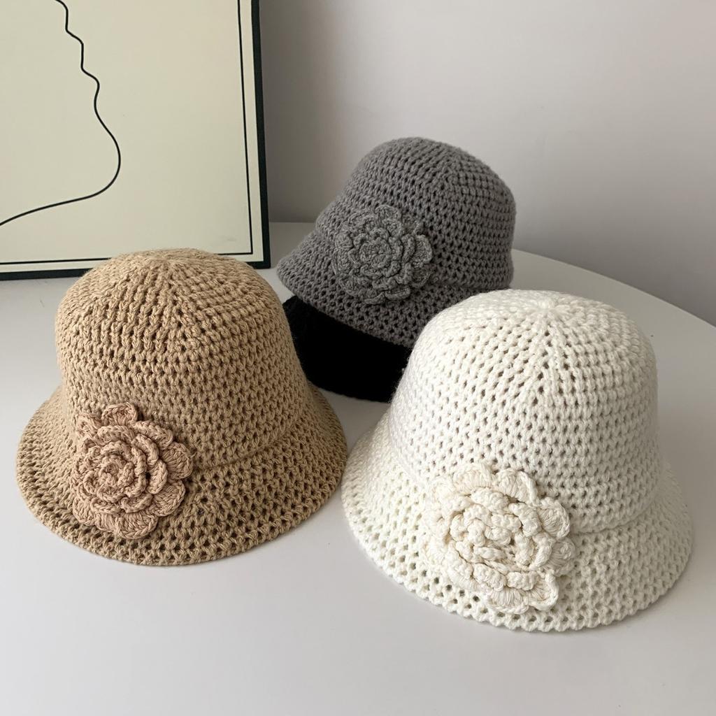 Korean Early Spring New 3D Flower Knitted Fisherman Hat Women Autumn Winter New Show Small Face Handmade Wool Bucket Hat