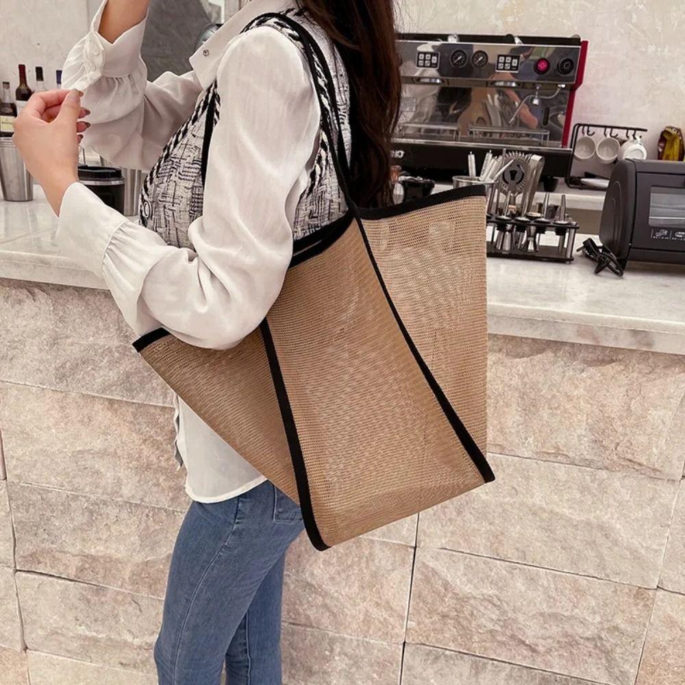 Fashion Hollow Out Mesh Handbag Large Capacity Lightweight Shoulder Bag Shopping Pack Women Men