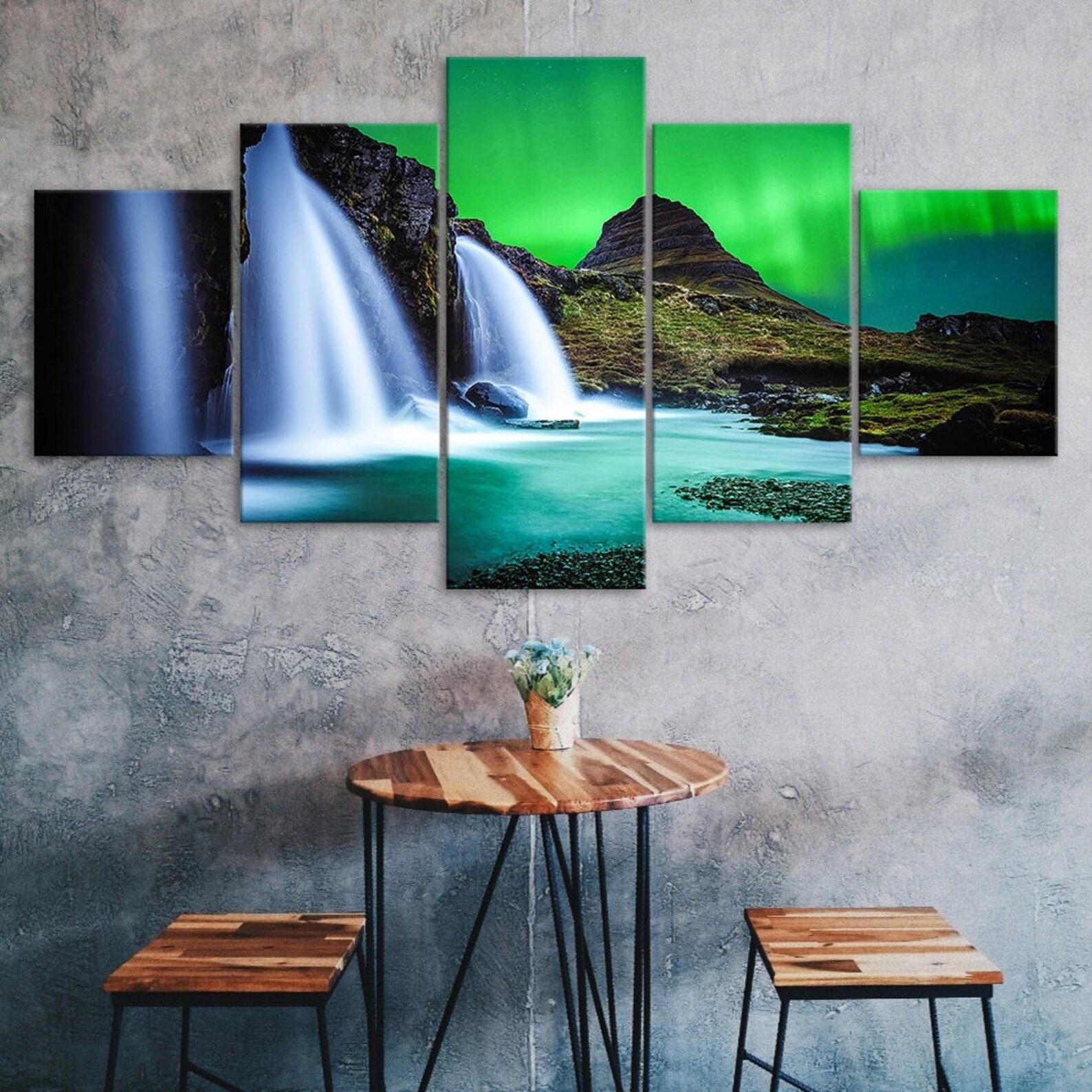 

Aurora Waterfall Iceland Canvas 5 Piece Five Panel Print Modern Wall Art Poster Picture Home Decor Gift For Him For Her 20X35 20X45 20X55CM