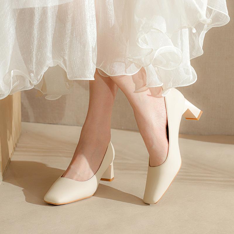 Fu Number, Square Head Single Shoes Women's Work Shoes, New Low-heeled High-heeled Shoes, Simple Shallow Microfiber Fashion Women's Shoes