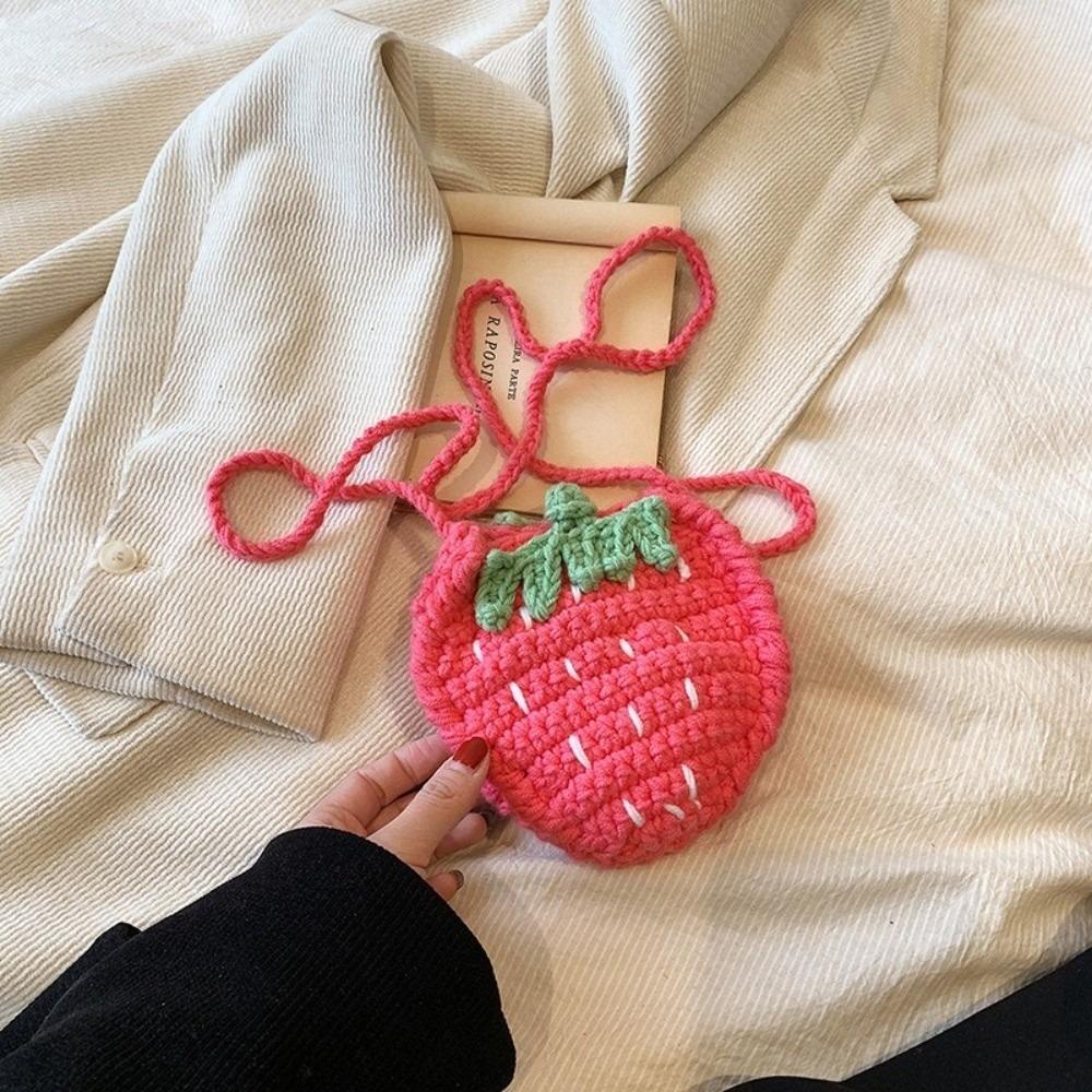Cute Handmade Strawberry Crossbody Bag Two-Tone Woven Design Crochet Woven Bag Mini Size Crochet Yarn Women's Bag for Women