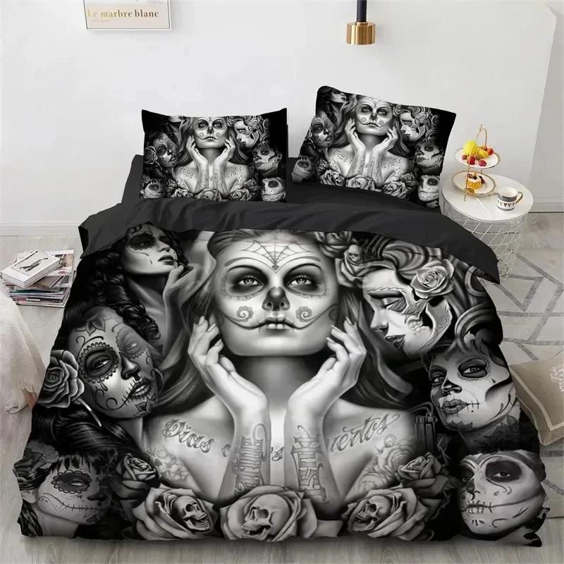 Comforter Skull Vintage Sugar Skull Girl Bedding Set 3D Printed Suitable For Bedroom Kids Home Textile