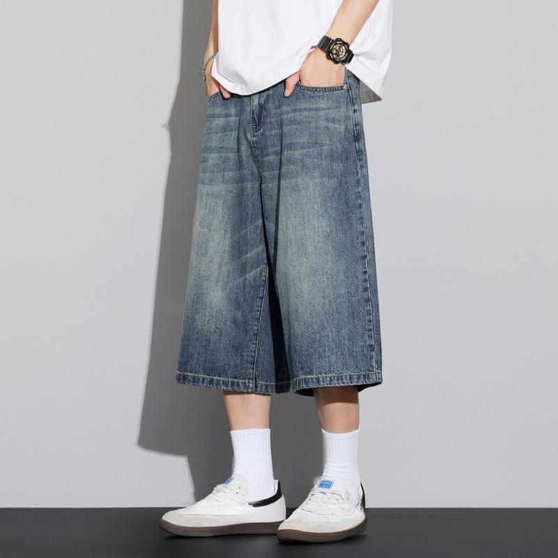 Men's Non-Elastic Denim Seven-Five Shorts Loose Wide Leg Fit Versatile Simple Style Casual Shorts