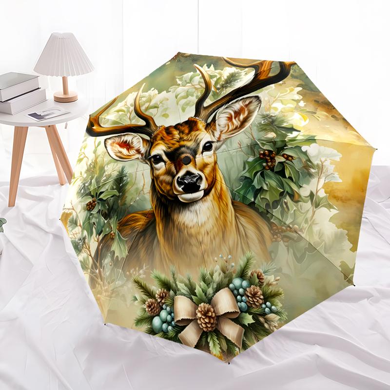 Christmas Reindeer Folding Umbrella-Fashionable Auto-Open Design 8 Iron Ribs Plastic Handle Foldable Sunshade,Perfect Gifts