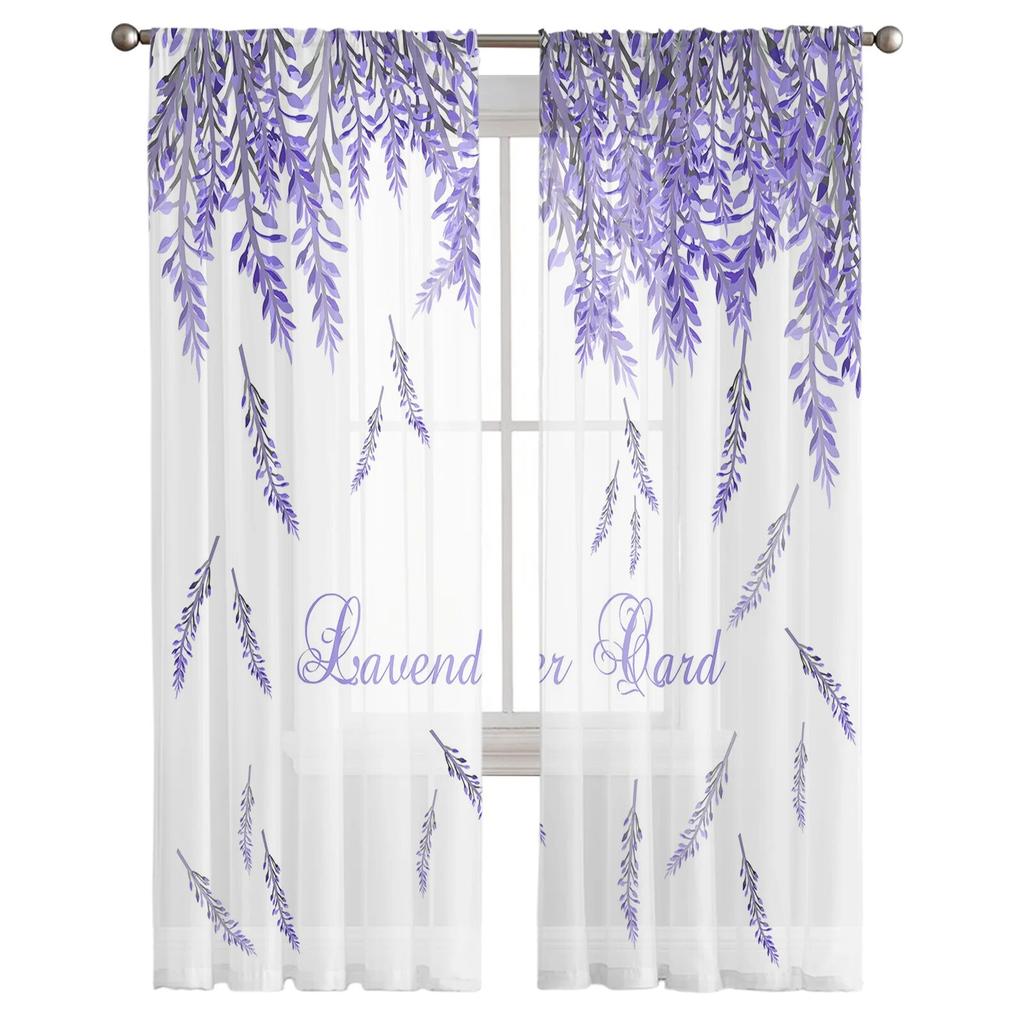 Lavender Island Flower Chiffon Sheer Curtains for Living Room Bedroom Home Decoration Window Voiles Tulle Curtain