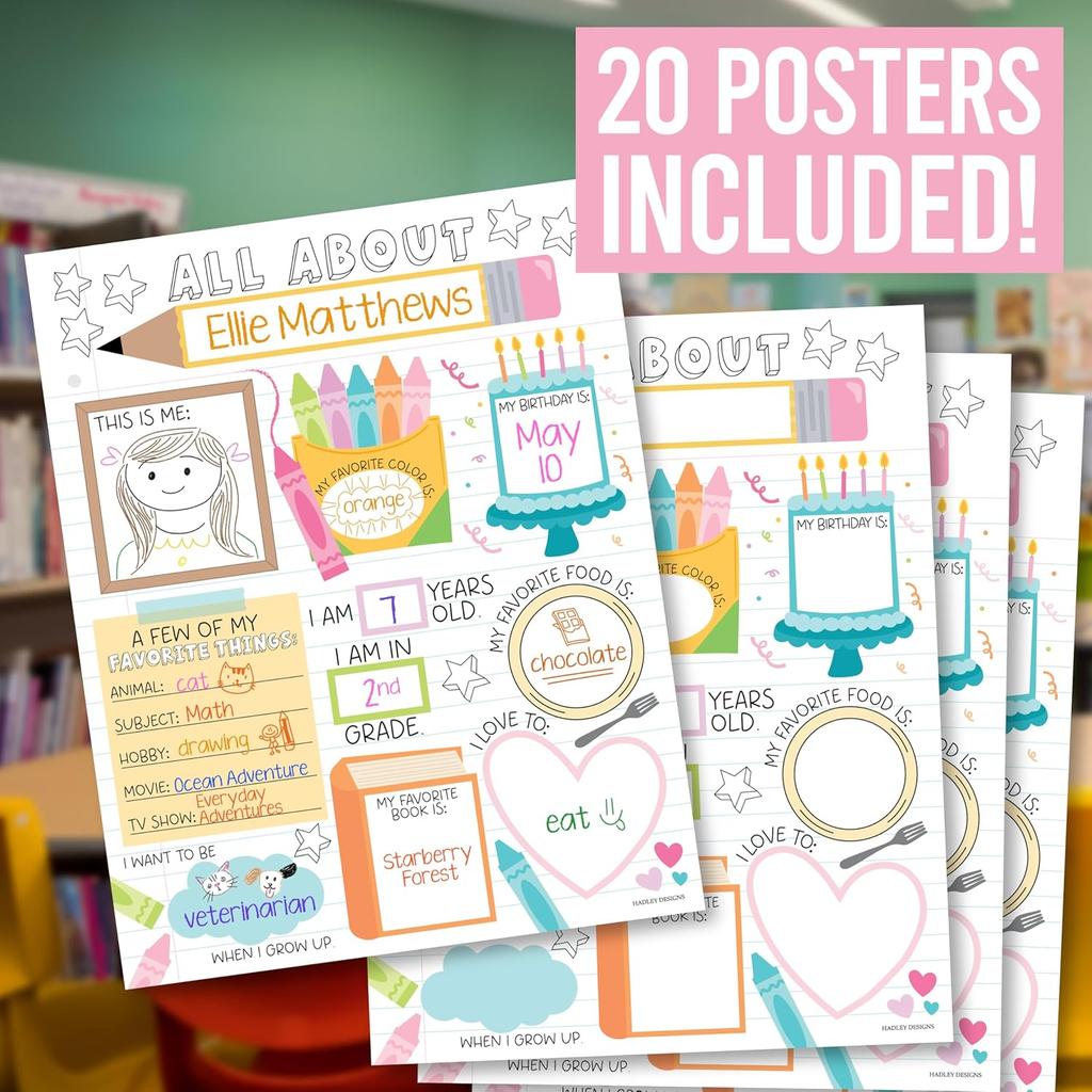 Hadley Designs All About Me Posters Elementary - 20 Star Student Poster Kindergarten, 11x14 All About Myself Star of The Week Poster Preschool,