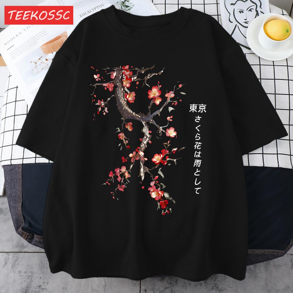 Cherry Blossoms And Rain In Tokyo Men Retro TShirt Casual Cotton Tee Loose Hip Hop Clothes Male ONeck Comfortable Short Sleeve