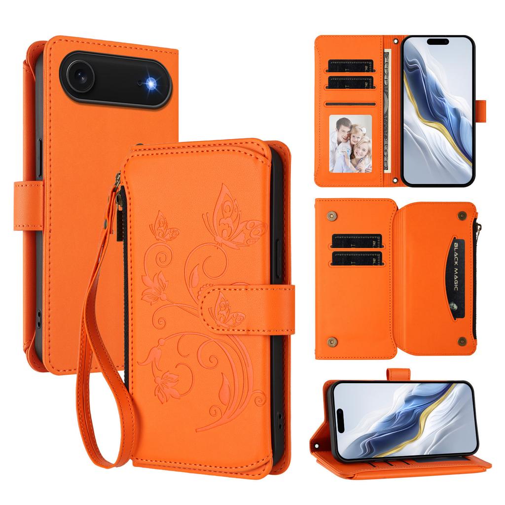 For iPhone 17 Air Leather Case Butterfly Floral Imprint Zipper Wallet Stand Cover with Wrist Strap