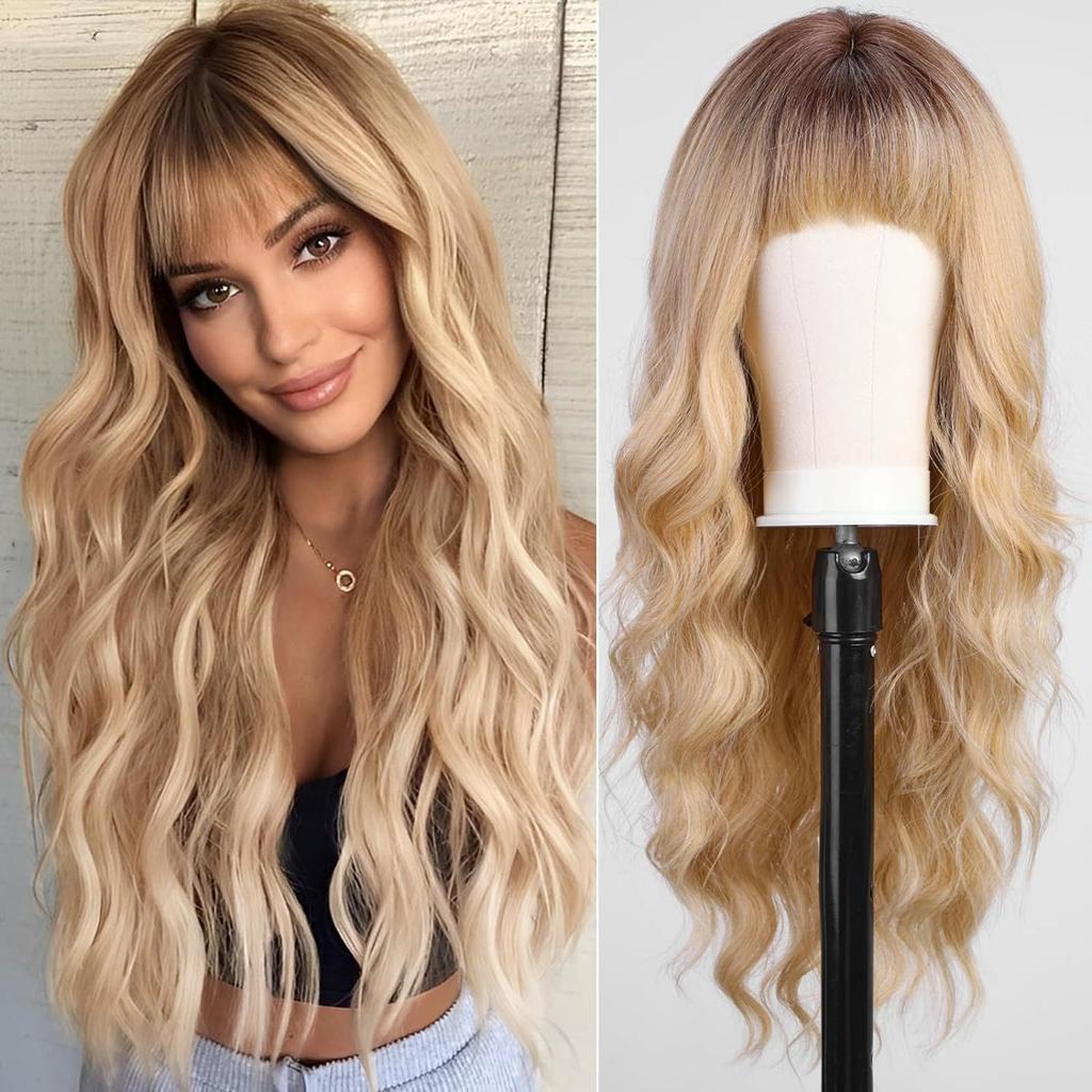 Cross-Border Water Wave Wigs European American Women's Fashionable Synthetic Hair Wig Brown Gradient Color Bangs Long Curly Hair
