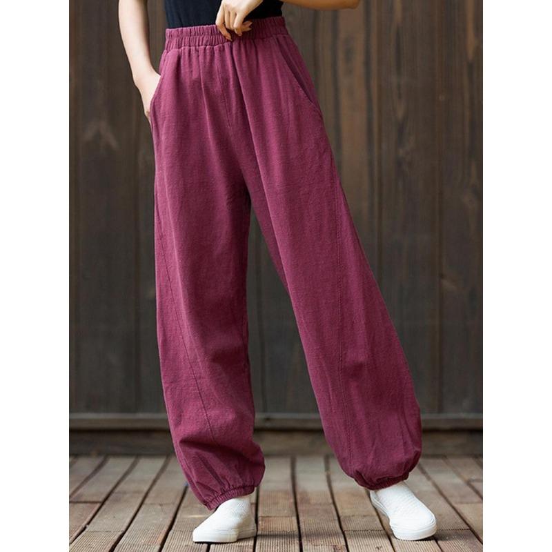 Johnature Damen-Hose aus Leinen mit weitem Bein, 8 Farben, Vintage, elastische Taille, Frühlingshosentaschen, lockere, lässige lange Damenhose