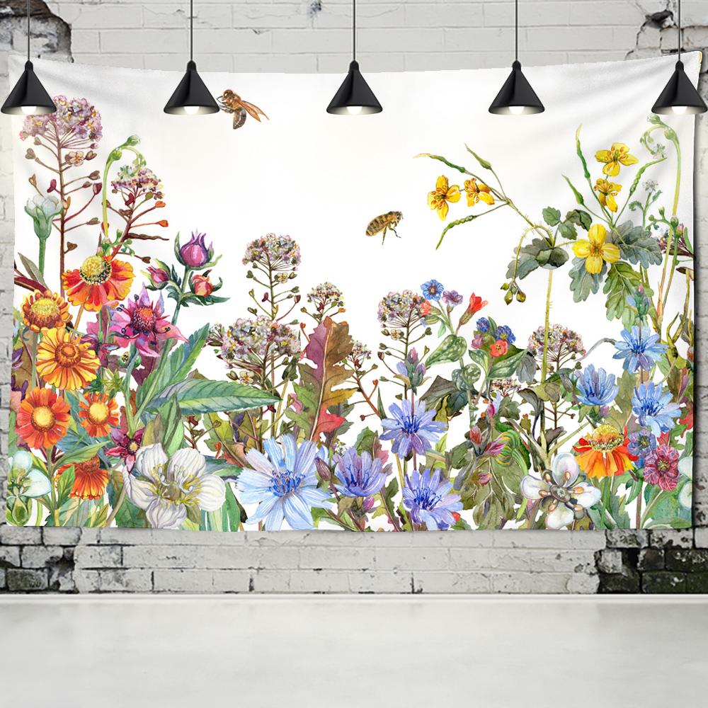 Blomma Bi Tapestry Väggbonad Bohemisk Tropisk Växt Hippie Bohemisk Sovsal Modern Stil Bakgrundsduk Dekor
