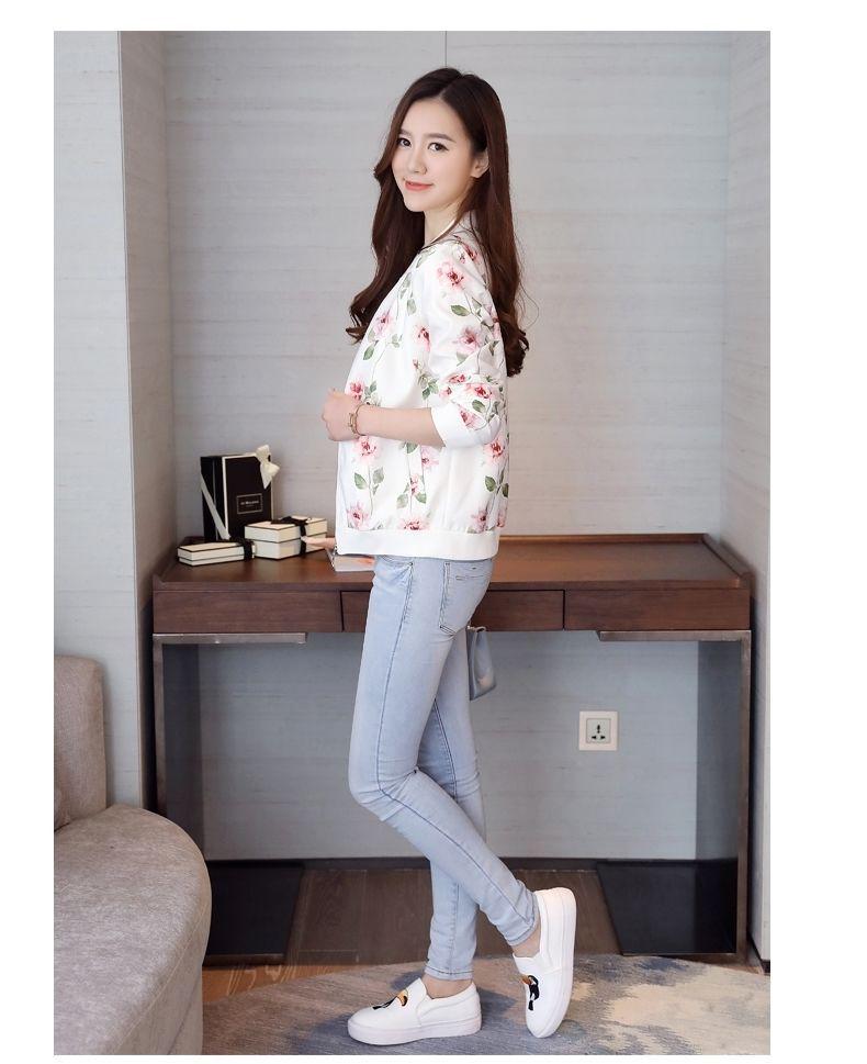 Women's Korean-Style Chiffon Sun Protection Jacket, Long Sleeve, Zipper, Printed, Loose Fit, Short Length