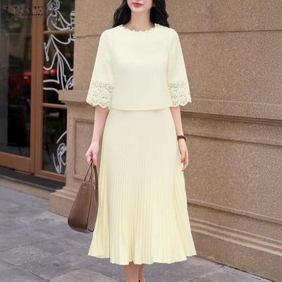 Women Elegant Round Neck Casual Half Sleeve Lace Splice Dress
