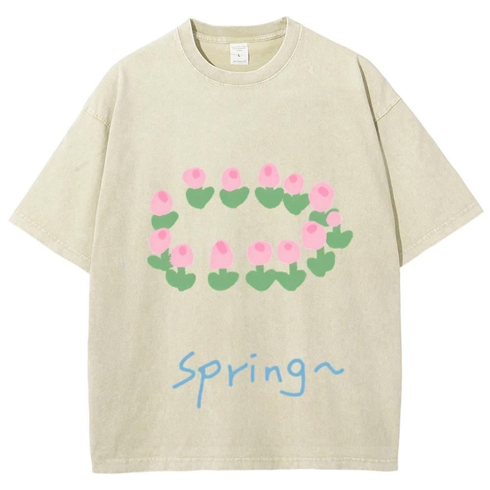 Artistic Women s Short Sleeve Painting Print Unique Fashion Top Vintage Snowflake Washed T-Shirt Floral pattern for spring S разноцветный