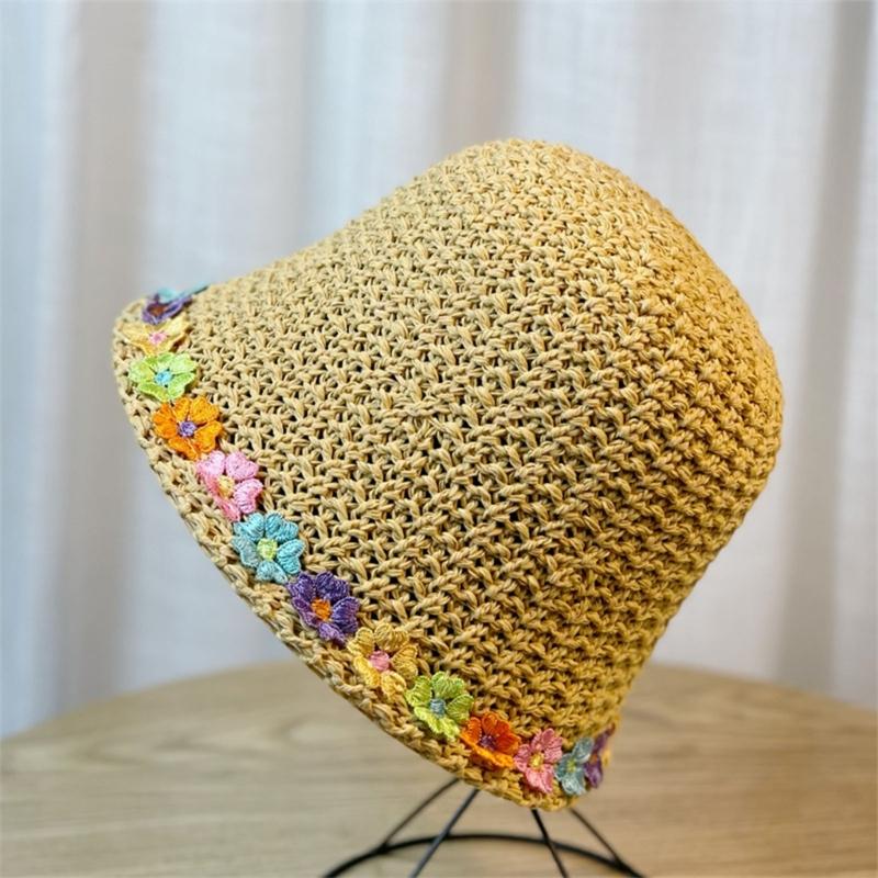 Crochet Bucket Hat with Flower Decals Summer Spring Bucket Hat Crochet Floppy Hat for Adult Teen Hat Knitted Sun Hat