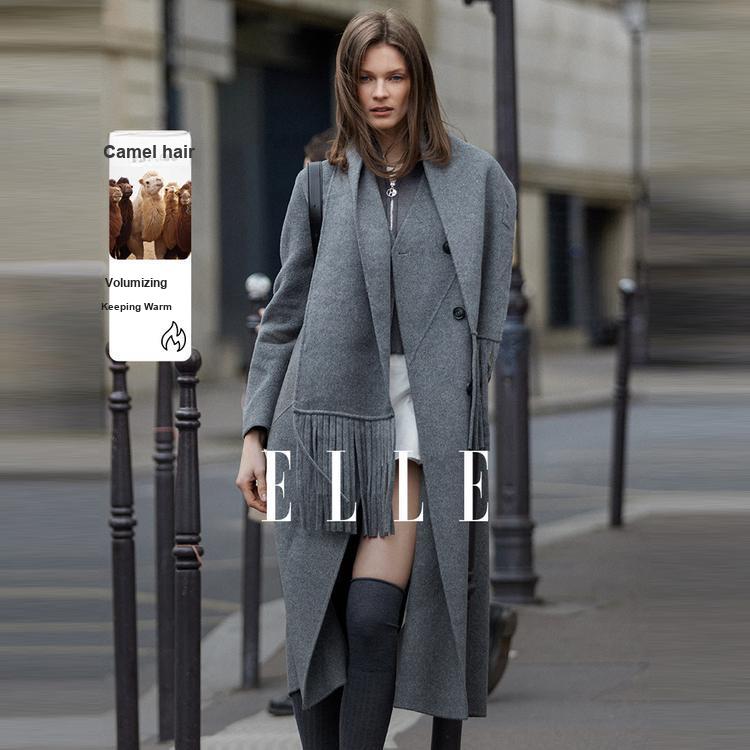 ELLE Solid Color Straight Cut Minimalist Commuter Double Breasted Long Coat Women Coats Medium-Gray EN48849