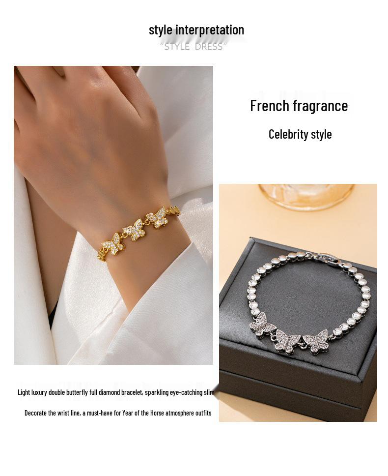 Diamond-Encrusted Butterfly Pendant Gold-Plated Bracelet - Luxury Zircon Design