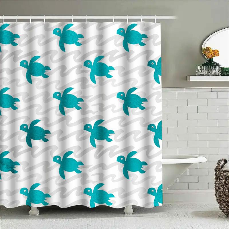 Blue Sea Turtle Bath Shower Curtain White Background Waterproof Bathroom Decorations Plastic Rod Pocket Hook Set Modern Home Dec