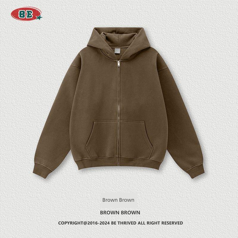 American Street Pure Color Loose Velvet Padded Hooded Sweatshirt Men and Women 2024 Autumn and Winter Fashion Brand Knitting Sports Zipper Outwear