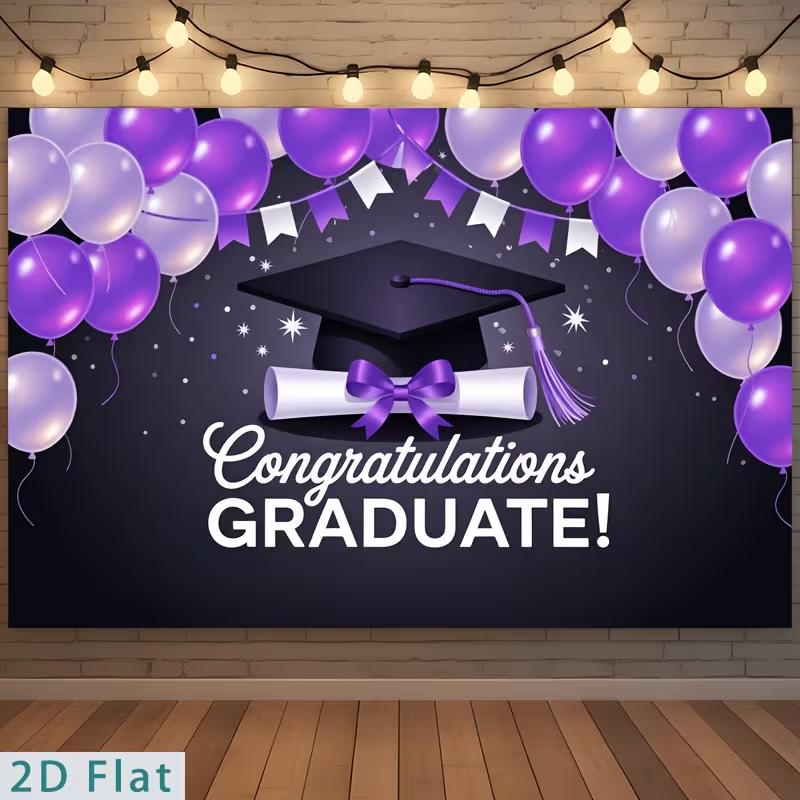 2D Graduation Photo Backdrop, Purple Black "Congratulations Graduate" Themed Party Background