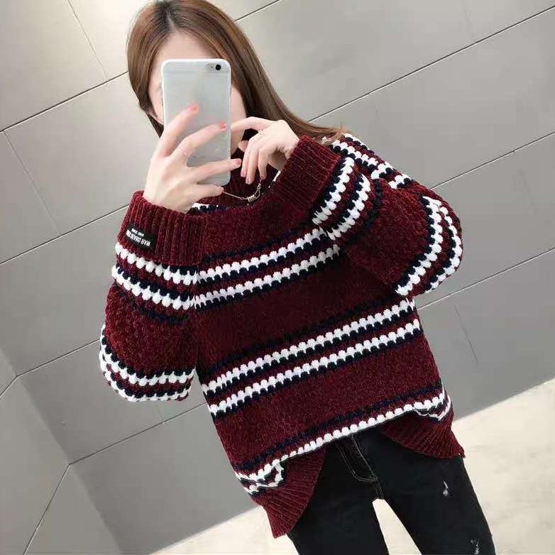 WTEMPO Women's Autumn Winter Large Size All-match Striped Sweaters Female Loose High Collar Long Sleeve Warm Knitted Pullover