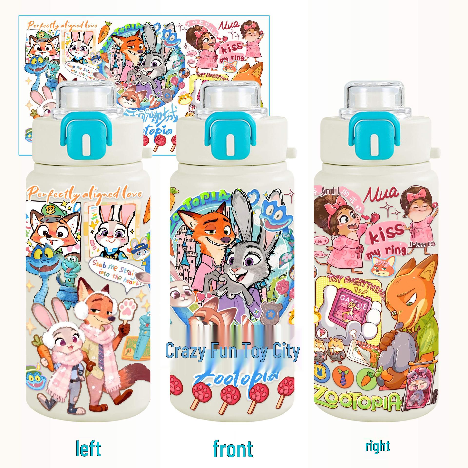 

Zootopia Judy & Nick Cute Thermos Cup: 316 Stainless Steel Double-Wall Drinking Cup with Cartoon Straw. 600ml, includes brush and straw brush