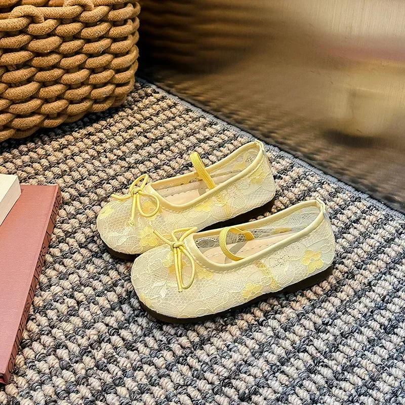 

Туфли принцессы для девочек Простые банты Однотонные Слипоны Детская обувь на плоской подошве Сетчатые Дышащие 2025 Лето Новые Детские сандалии Кружево Милые 26 жёлтый