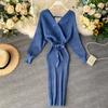 Women Shiny Knitted Dress Sexy V Neck Puff Sleeve Elastic Sheath Knitting Dress Autumn Solid Bow Sashes Pencil Dress