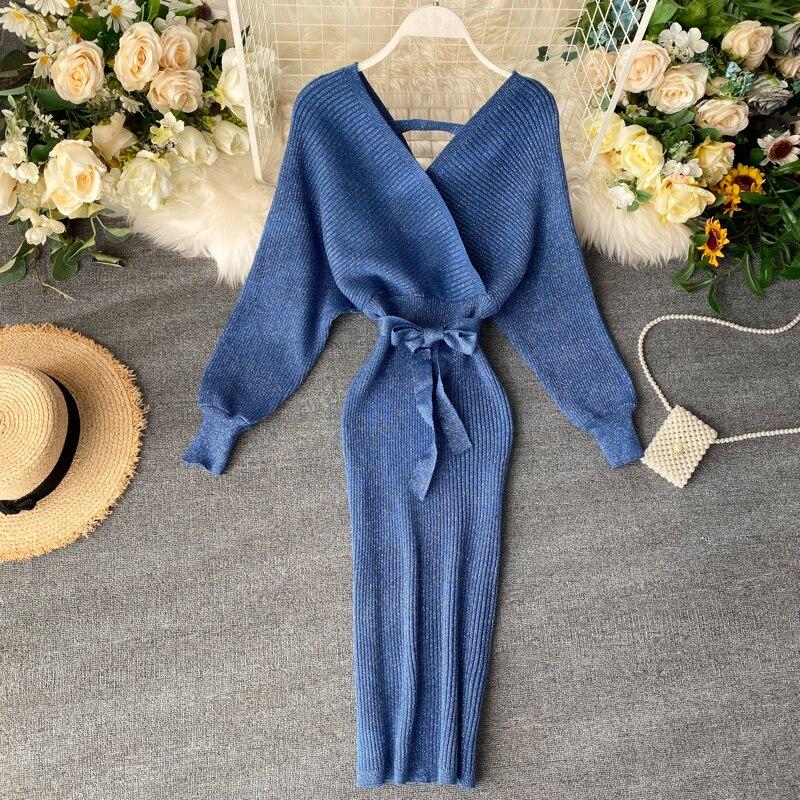 Women Shiny Knitted Dress Sexy V Neck Puff Sleeve Elastic Sheath Knitting Dress Autumn Solid Bow Sashes Pencil Dress